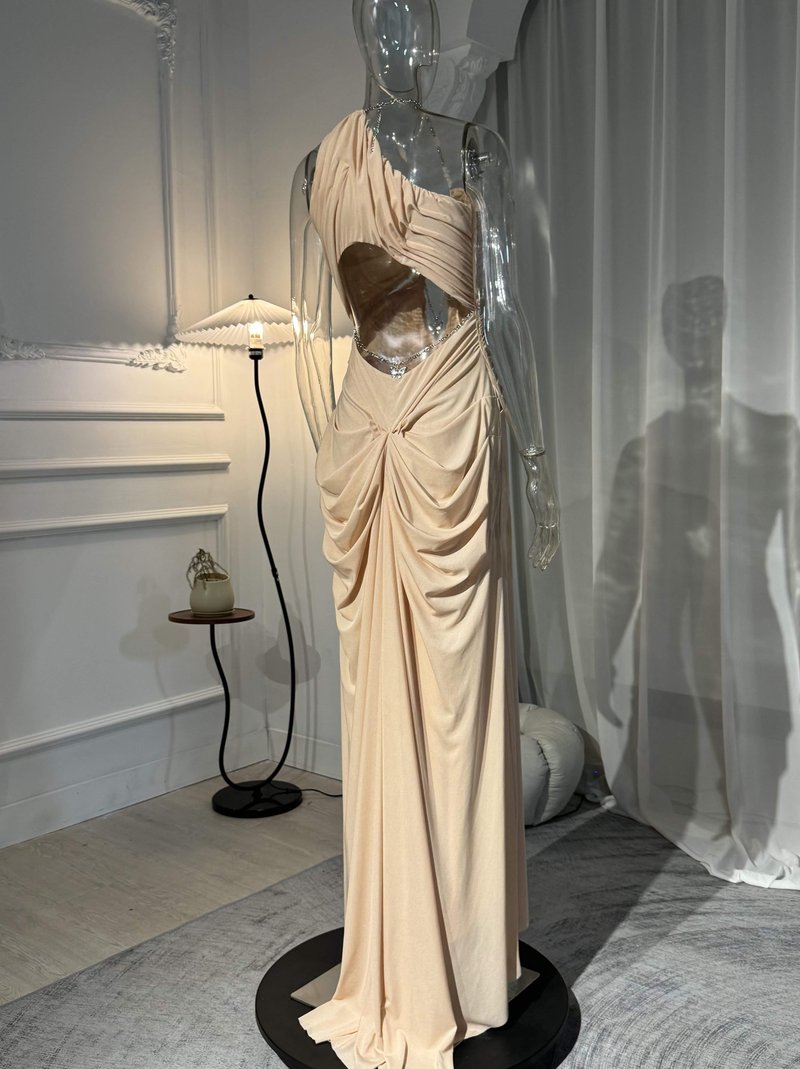 One Shoulder Draped Pink Maxi Dress H6495