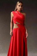 One Shoulder Draped Red Maxi Dress H6702