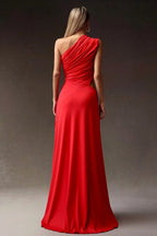 One Shoulder Draped Red Maxi Dress H6702