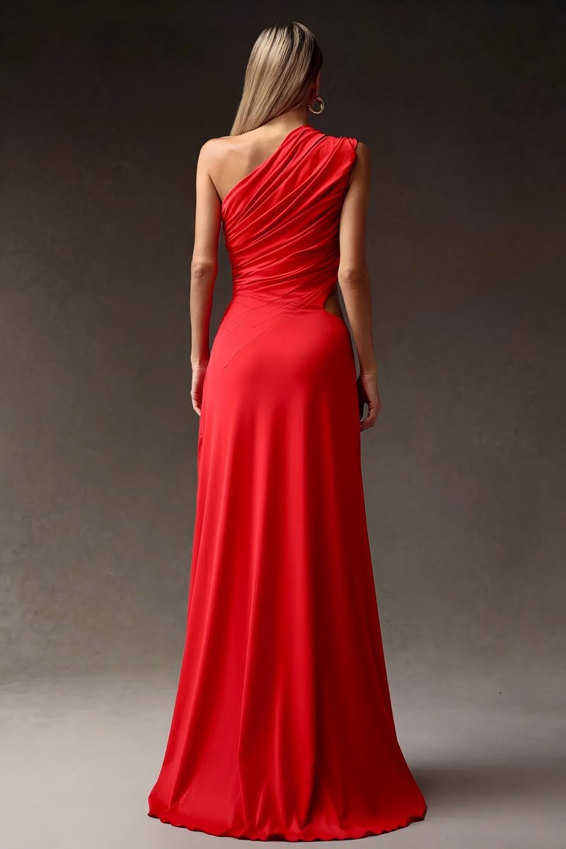 One Shoulder Draped Red Maxi Dress H6702