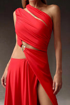 One Shoulder Draped Red Maxi Dress H6702