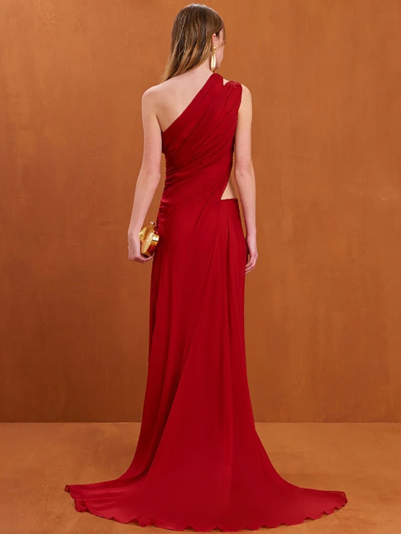 One Shoulder Draped Red Maxi Dress H6702