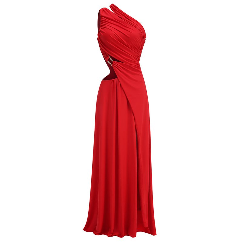 One Shoulder Draped Red Maxi Dress H6702