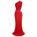 One Shoulder Draped Red Maxi Dress H6702