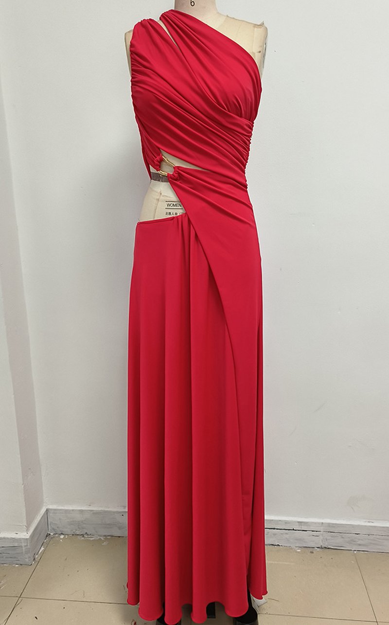 One Shoulder Draped Red Maxi Dress H6702