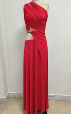 One Shoulder Draped Red Maxi Dress H6702