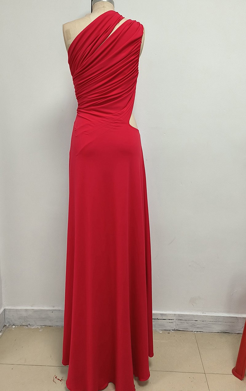 One Shoulder Draped Red Maxi Dress H6702