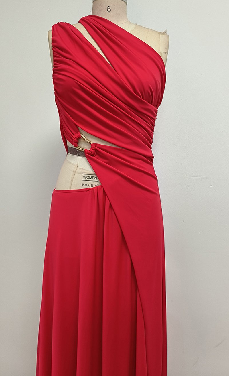 One Shoulder Draped Red Maxi Dress H6702