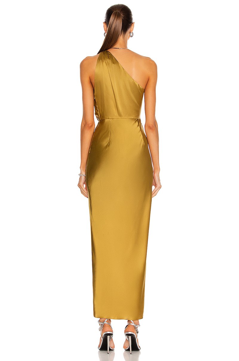 One Shoulder Draped Satin Midi Dress H6185