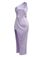 One Shoulder Draped Satin Midi Dress H6185