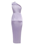 One Shoulder Draped Satin Midi Dress H6185