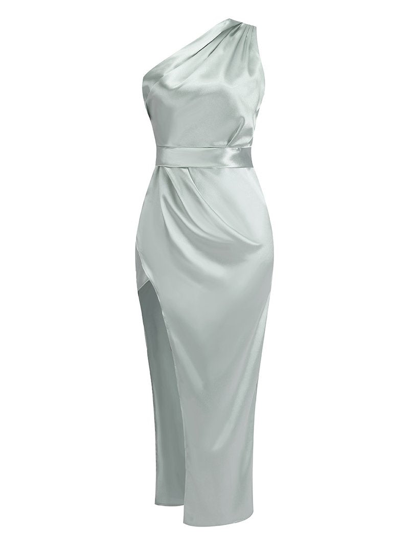 One Shoulder Draped Satin Midi Dress H6185