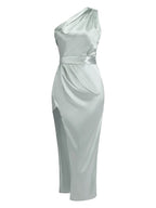 One Shoulder Draped Satin Midi Dress H6185
