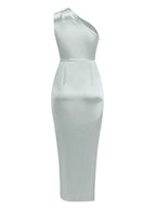 One Shoulder Draped Satin Midi Dress H6185