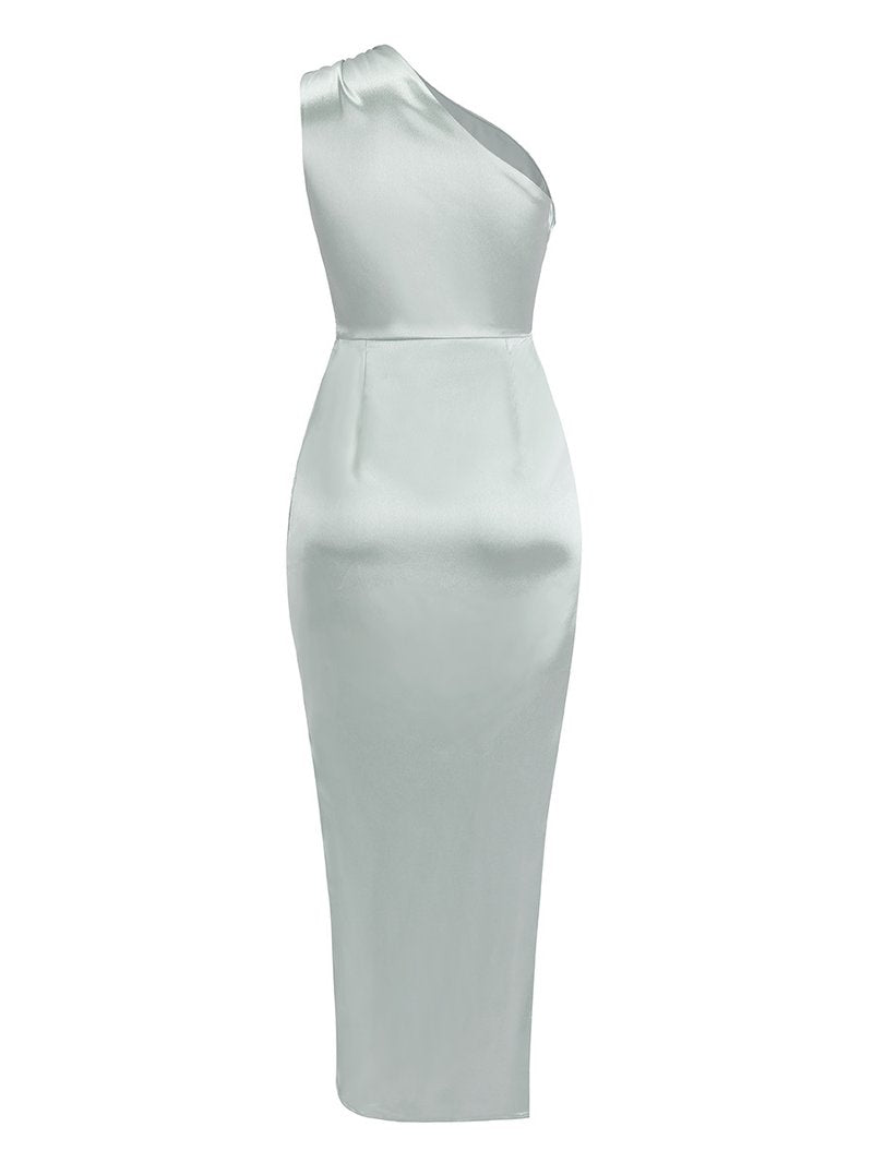 One Shoulder Draped Satin Midi Dress H6185