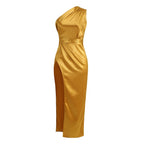 One Shoulder Draped Satin Midi Dress H6185