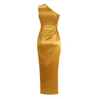 One Shoulder Draped Satin Midi Dress H6185