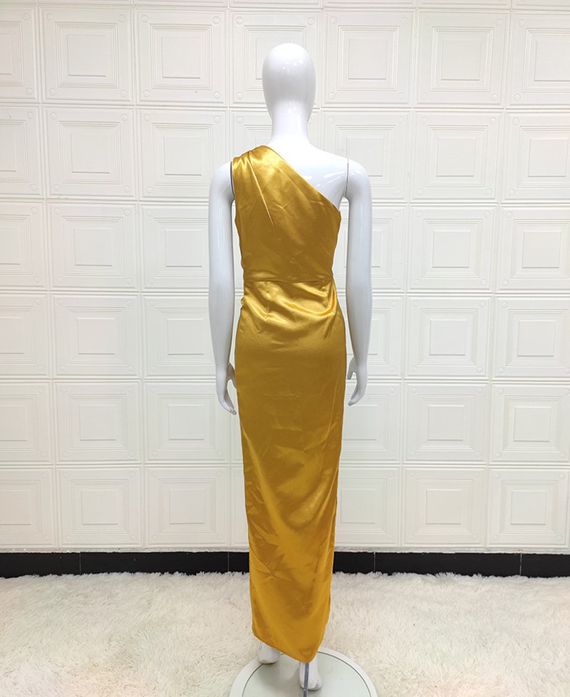One Shoulder Draped Satin Midi Dress H6185