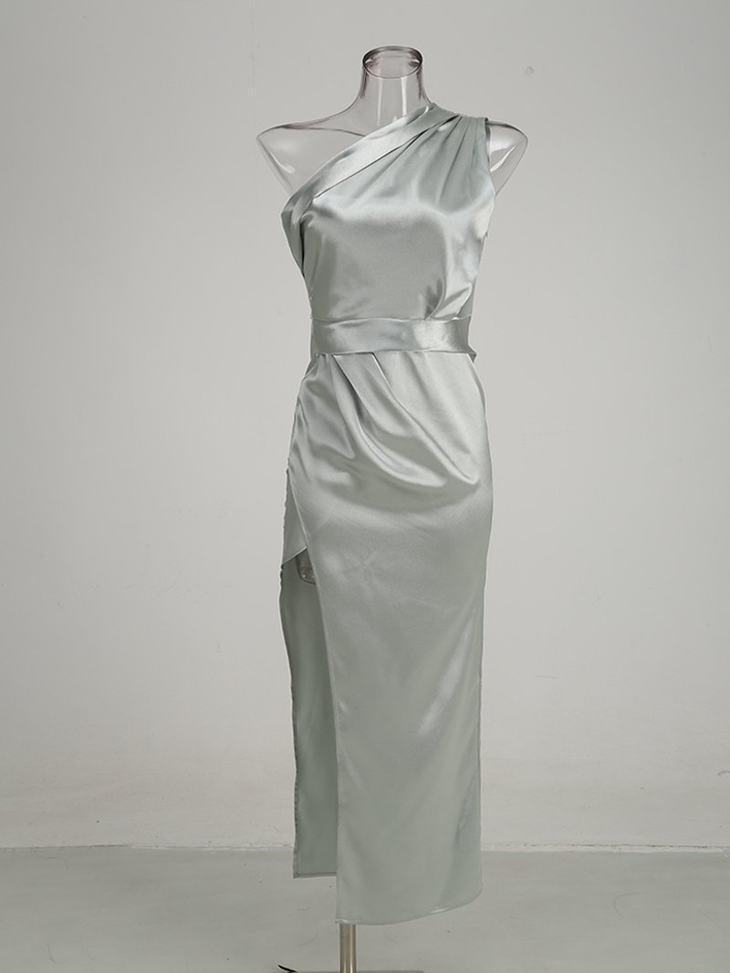 One Shoulder Draped Satin Midi Dress H6185
