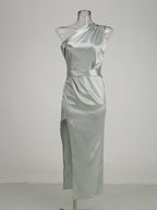 One Shoulder Draped Satin Midi Dress H6185