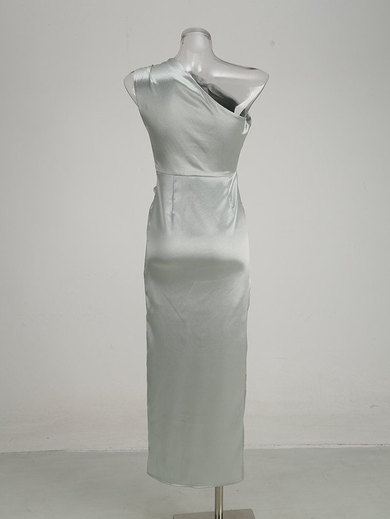 One Shoulder Draped Satin Midi Dress H6185