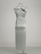 One Shoulder Draped Satin Midi Dress H6185