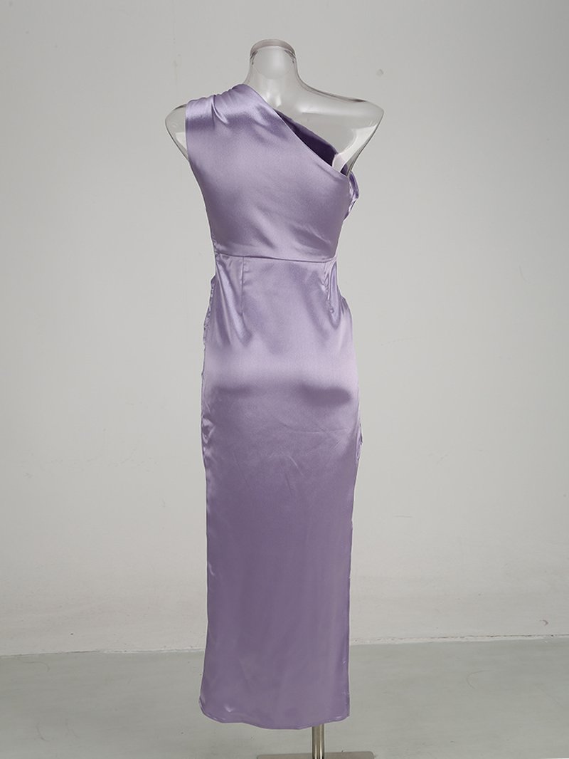 One Shoulder Draped Satin Midi Dress H6185