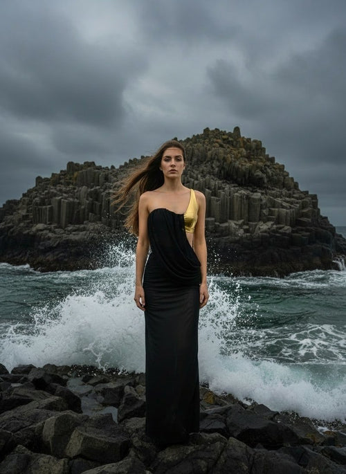 One-Shoulder Draped Velvet Maxi Dress H7114