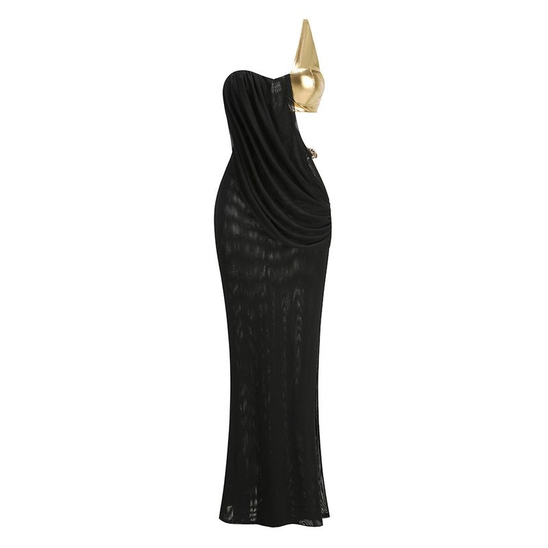 One-Shoulder Draped Velvet Maxi Dress H7114