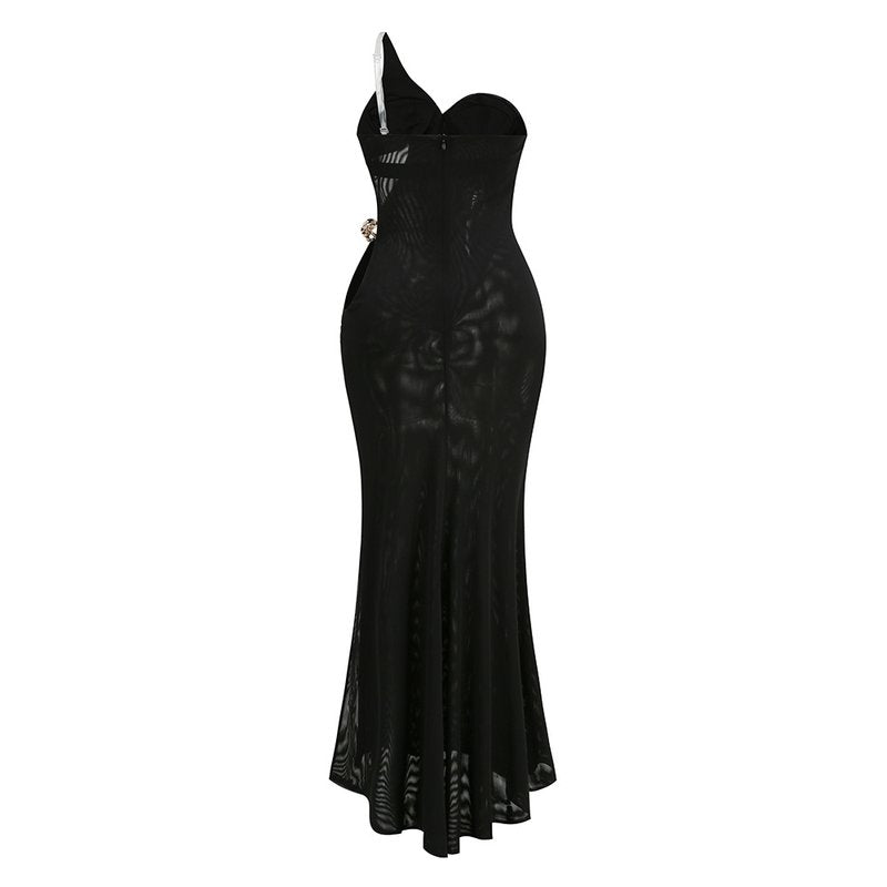One-Shoulder Draped Velvet Maxi Dress H7114