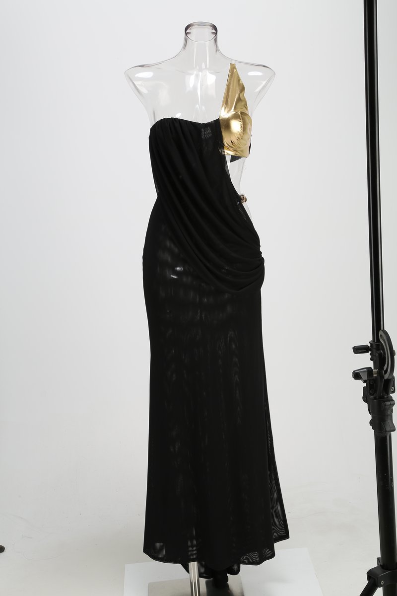 One-Shoulder Draped Velvet Maxi Dress H7114