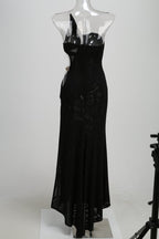 One-Shoulder Draped Velvet Maxi Dress H7114