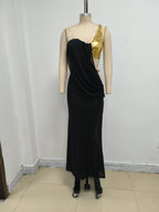 One-Shoulder Draped Velvet Maxi Dress H7114