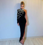 One Shoulder Embellished Black Gown H6194