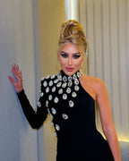 One Shoulder Embellished Black Gown H6194