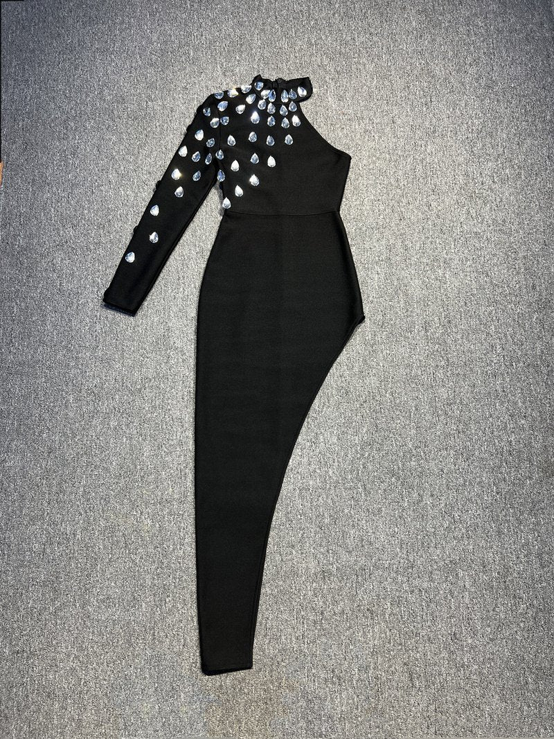 One Shoulder Embellished Black Gown H6194