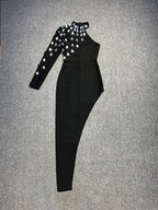 One Shoulder Embellished Black Gown H6194