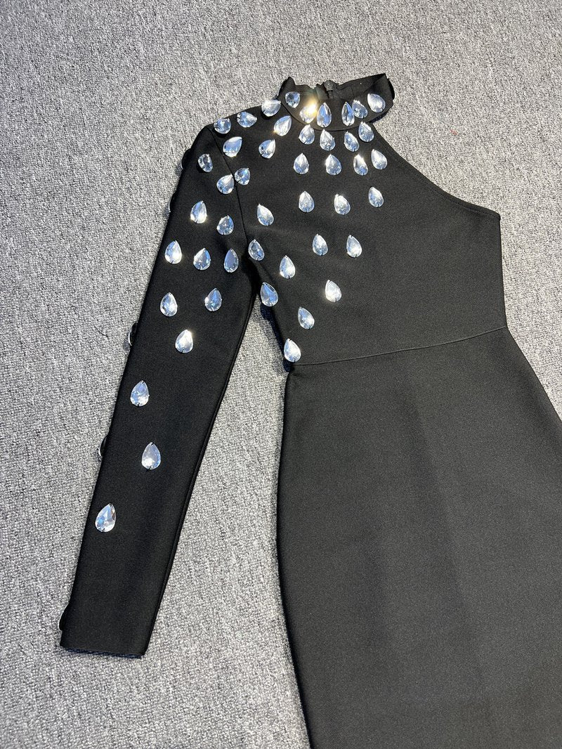 One Shoulder Embellished Black Gown H6194