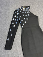 One Shoulder Embellished Black Gown H6194