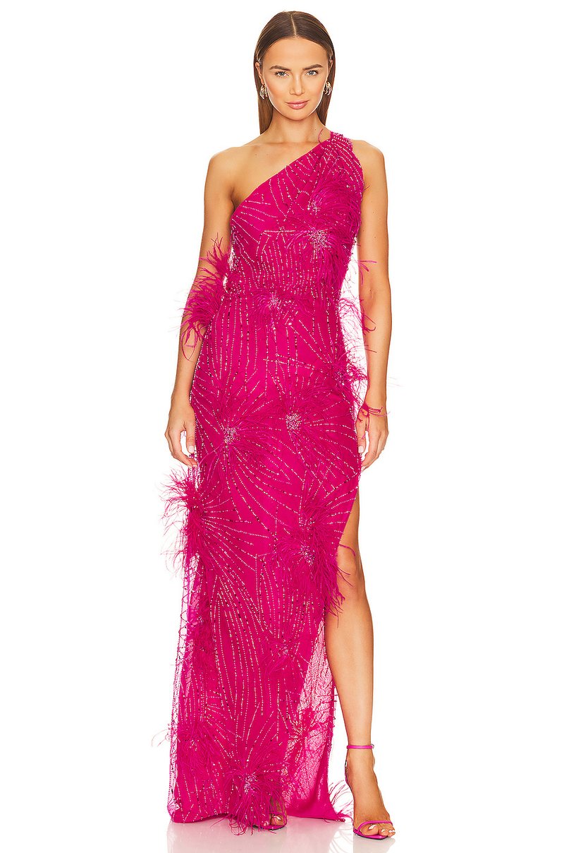 One Shoulder Feather Beaded Maxi Dress H6252