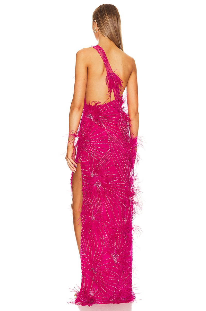 One Shoulder Feather Beaded Maxi Dress H6252