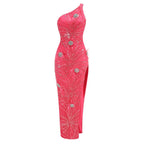 One Shoulder Feather Beaded Maxi Dress H6252