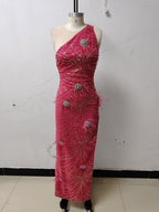 One Shoulder Feather Beaded Maxi Dress H6252