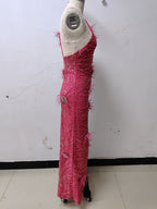 One Shoulder Feather Beaded Maxi Dress H6252