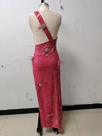One Shoulder Feather Beaded Maxi Dress H6252