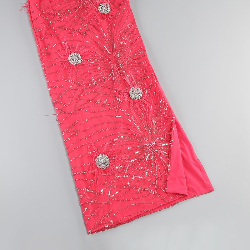 One Shoulder Feather Beaded Maxi Dress H6252