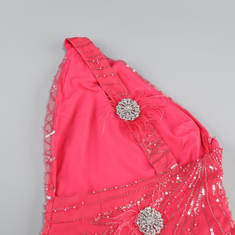One Shoulder Feather Beaded Maxi Dress H6252