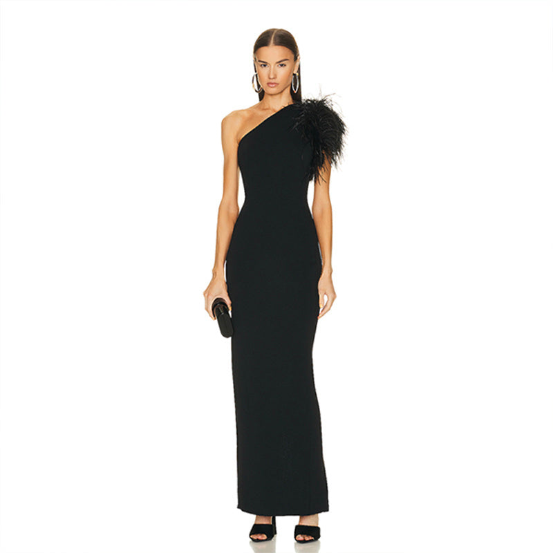 One Shoulder Feather Maxi Dress H6066