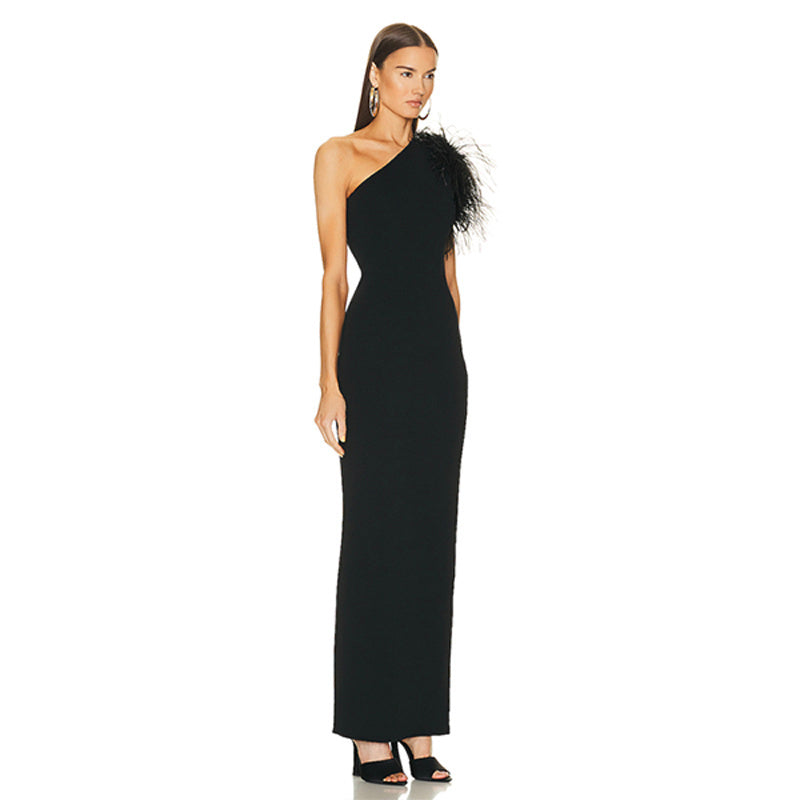 One Shoulder Feather Maxi Dress H6066