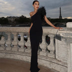 One Shoulder Feather Maxi Dress H6066